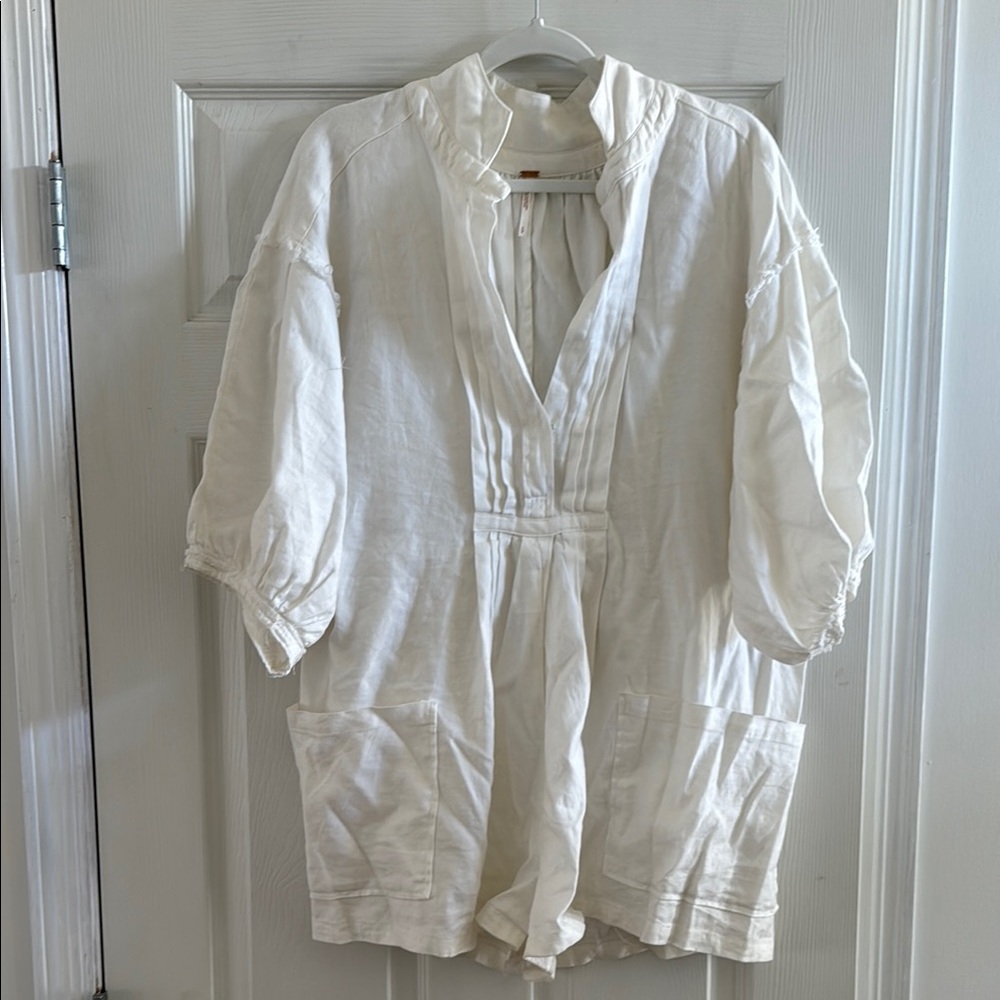 Free People Cream Linen Blend Romper with Pintuck Front